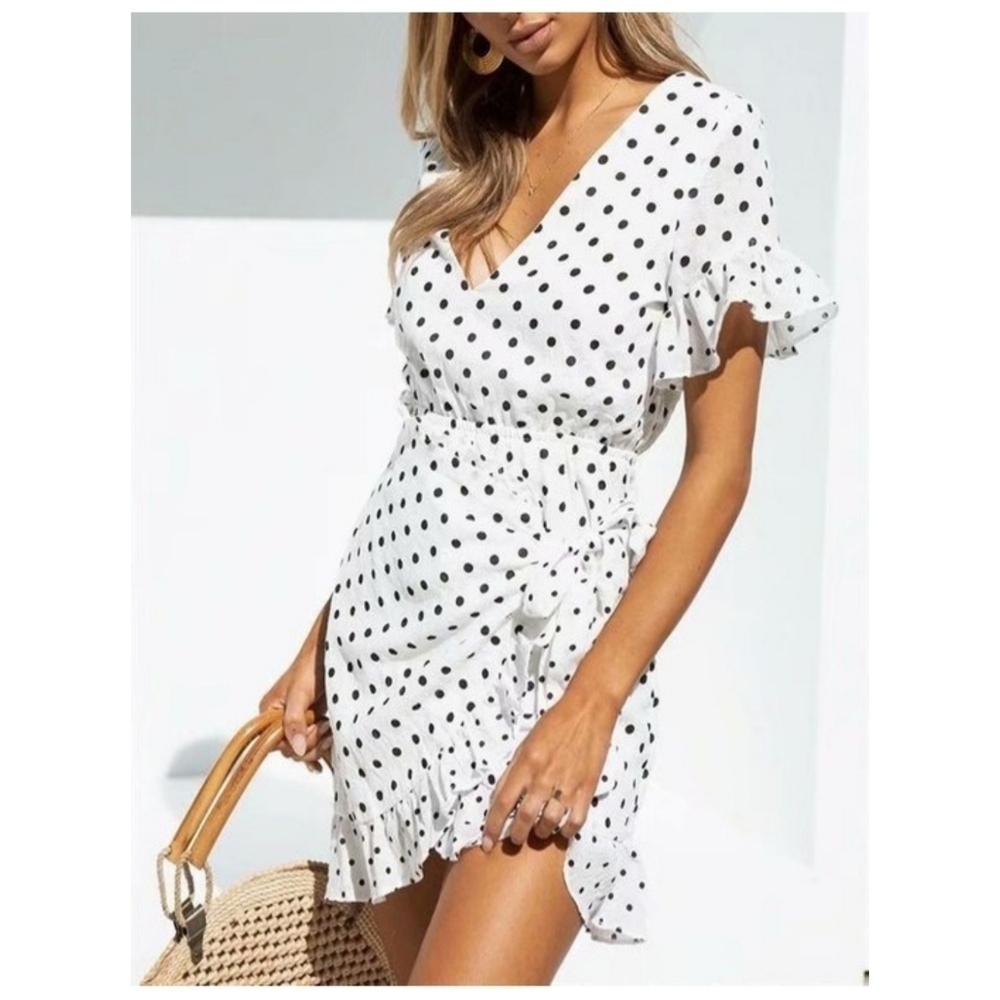 Fate polka dot wrap dress with flutter sleeves